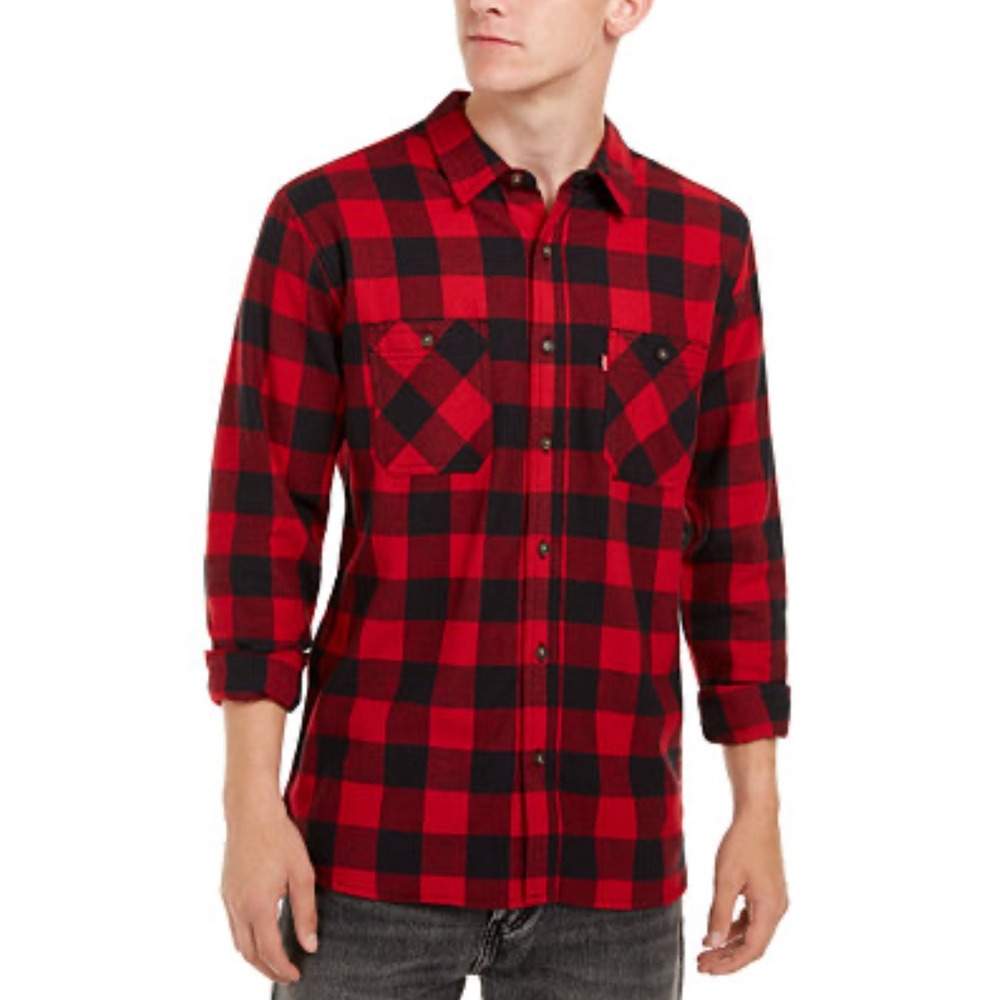 Levi Strauss Co‎ Mens Red Black Buffalo Plaid Long Sleeve Button Up Shirt Large